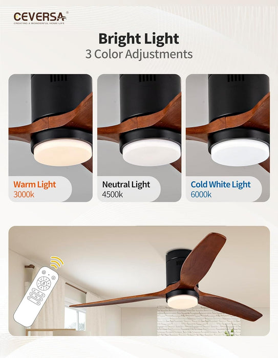 52 in. Wood Low Profile Ceiling Fan with Light and Remote, 3 Blades Flush Mount Ceiling Fan for Living Room Bedroom Dining Room-5-ErisView