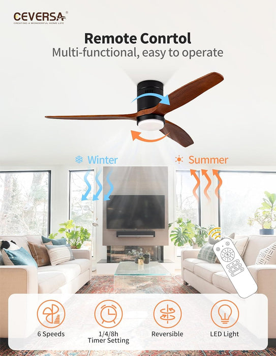 52 in. Wood Low Profile Ceiling Fan with Light and Remote, 3 Blades Flush Mount Ceiling Fan for Living Room Bedroom Dining Room-6-ErisView