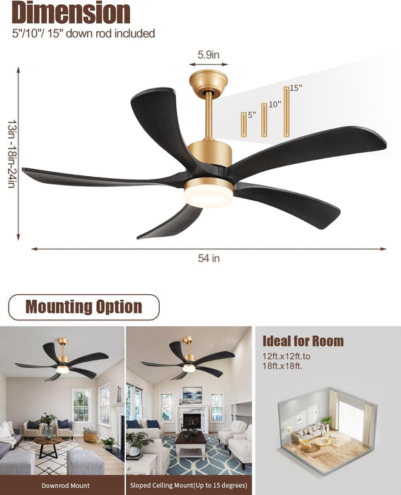 54 in. Black and Gold Ceiling Fan with Lights and Remote, Modern Ceiling Fan with 5 Wood Blades, New Ceiling Fans for Patio Bedroom-2-ErisView