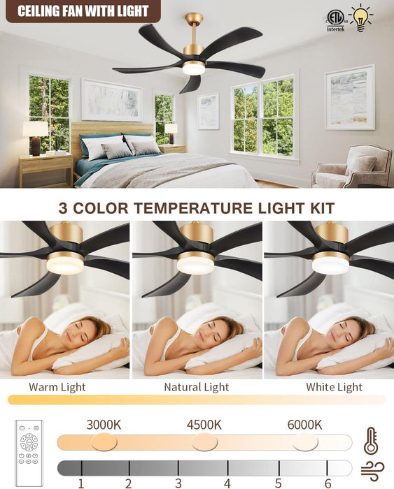 54 in. Black and Gold Ceiling Fan with Lights and Remote, Modern Ceiling Fan with 5 Wood Blades, New Ceiling Fans for Patio Bedroom-3-ErisView