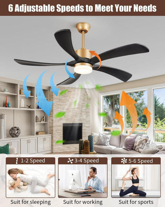54 in. Black and Gold Ceiling Fan with Lights and Remote, Modern Ceiling Fan with 5 Wood Blades, New Ceiling Fans for Patio Bedroom-5-ErisView