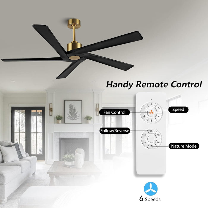 54 in. Ceiling Fans without Lights, Carved Solid Wood Reversible Ceiling Fan with Remote, Brass Ceiling Fan with Black Blades-2-ErisView