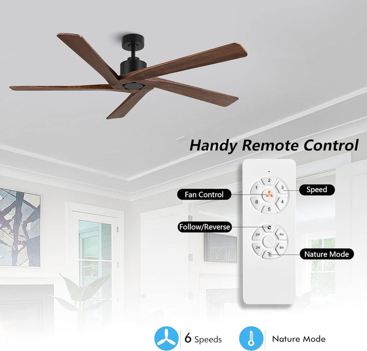 54 in. Ceiling Fans without Lights, Carved Solid Wood Reversible Ceiling Fan with Remote, Brass Ceiling Fan with Black Blades-37-ErisView