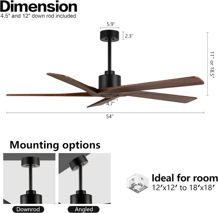 54 in. Ceiling Fans without Lights, Carved Solid Wood Reversible Ceiling Fan with Remote, Brass Ceiling Fan with Black Blades-38-ErisView
