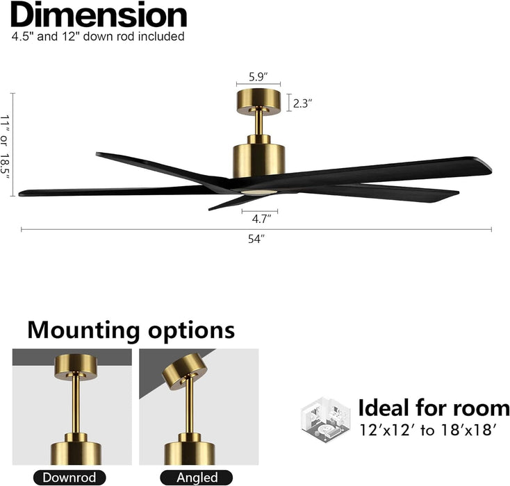 54 in. Ceiling Fans without Lights, Carved Solid Wood Reversible Ceiling Fan with Remote, Brass Ceiling Fan with Black Blades-3-ErisView