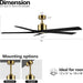 54 in. Ceiling Fans without Lights, Carved Solid Wood Reversible Ceiling Fan with Remote, Brass Ceiling Fan with Black Blades-3-ErisView