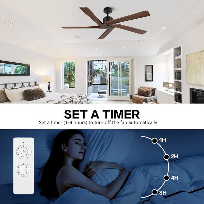 54 in. Ceiling Fans without Lights, Carved Solid Wood Reversible Ceiling Fan with Remote, Brass Ceiling Fan with Black Blades-41-ErisView