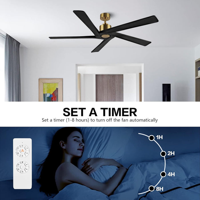 54 in. Ceiling Fans without Lights, Carved Solid Wood Reversible Ceiling Fan with Remote, Brass Ceiling Fan with Black Blades-6-ErisView