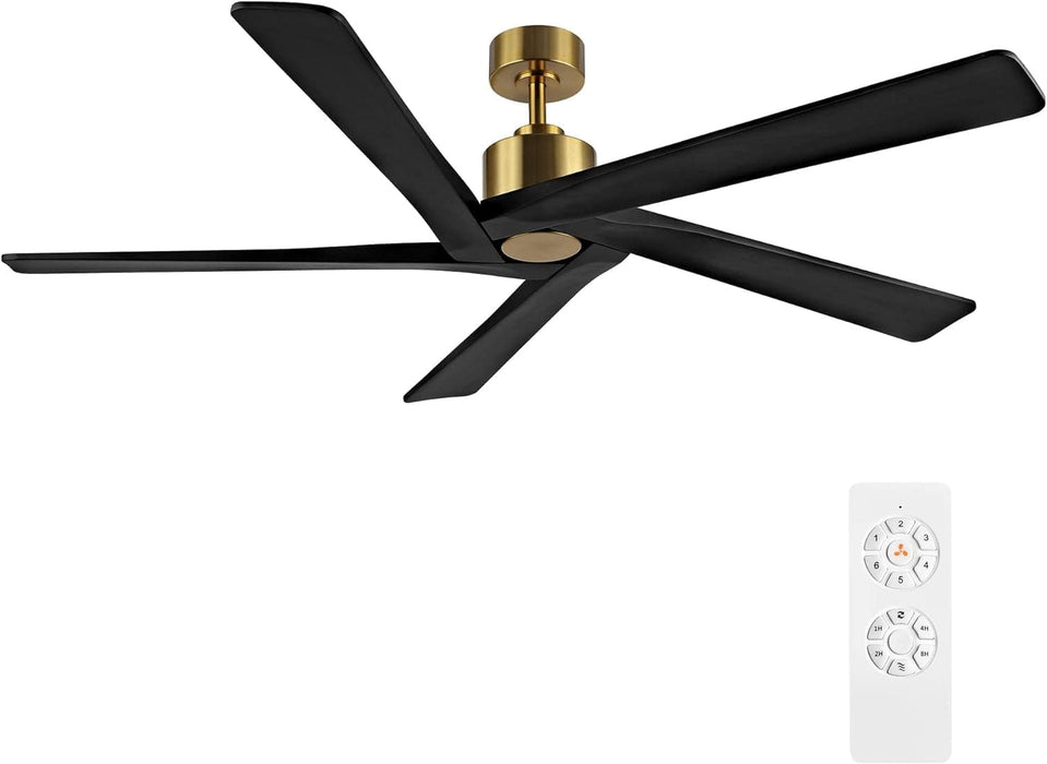 54 in. Ceiling Fans without Lights, Carved Solid Wood Reversible Ceiling Fan with Remote, Brass Ceiling Fan with Black Blades-1-ErisView