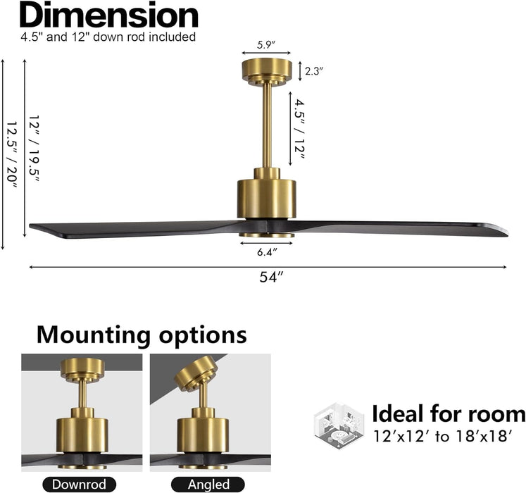 54 in. DC Ceiling Fan with Lights and Remote Control, Wood Modern Reversible Quiet Ceiling Fans, Brass Ceiling Fan with Black Blades-10-ErisView