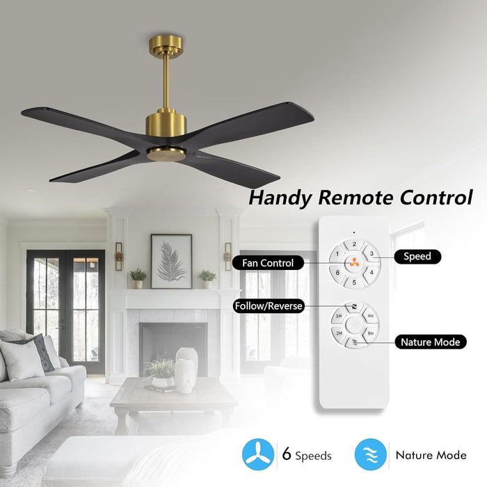 54 in. DC Ceiling Fan with Lights and Remote Control, Wood Modern Reversible Quiet Ceiling Fans, Brass Ceiling Fan with Black Blades-11-ErisView