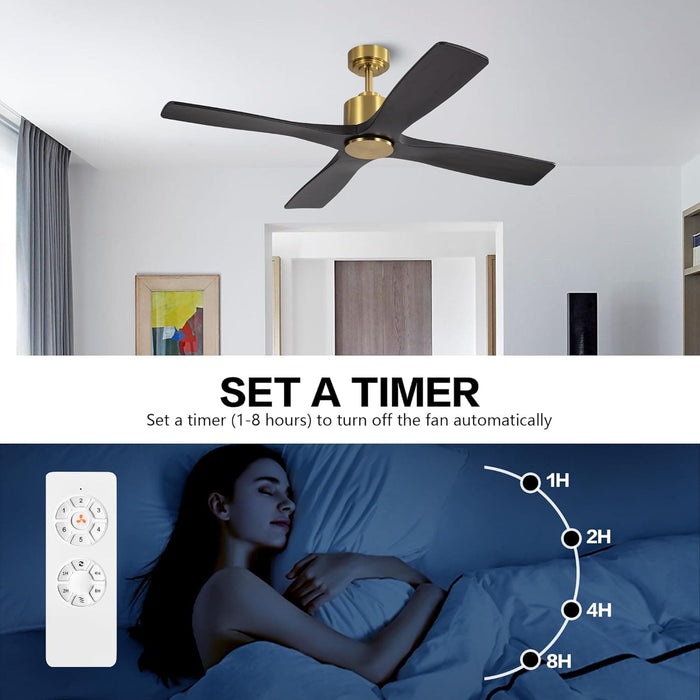 54 in. DC Ceiling Fan with Lights and Remote Control, Wood Modern Reversible Quiet Ceiling Fans, Brass Ceiling Fan with Black Blades-14-ErisView