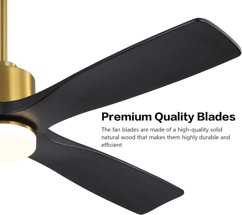 54 in. DC Ceiling Fan with Lights and Remote Control, Wood Modern Reversible Quiet Ceiling Fans, Brass Ceiling Fan with Black Blades-5-ErisView