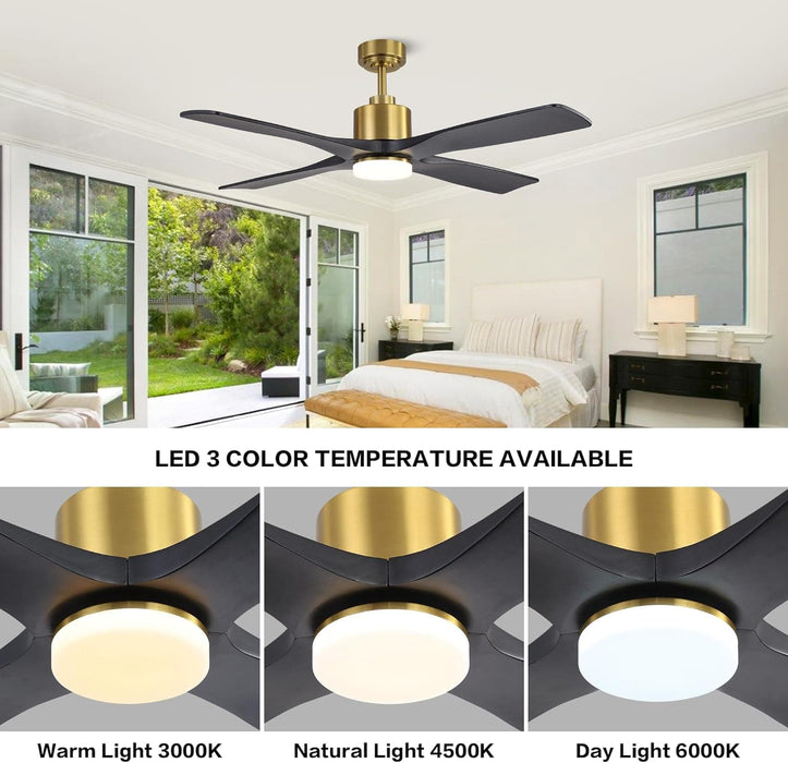 54 in. DC Ceiling Fan with Lights and Remote Control, Wood Modern Reversible Quiet Ceiling Fans, Brass Ceiling Fan with Black Blades-6-ErisView