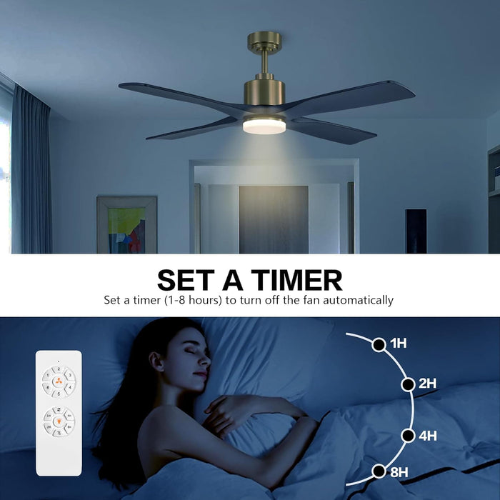 54 in. DC Ceiling Fan with Lights and Remote Control, Wood Modern Reversible Quiet Ceiling Fans, Brass Ceiling Fan with Black Blades-7-ErisView