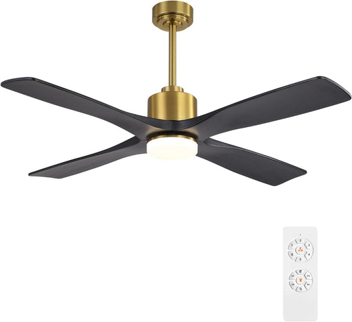 54 in. DC Ceiling Fan with Lights and Remote Control, Wood Modern Reversible Quiet Ceiling Fans, Brass Ceiling Fan with Black Blades-1-ErisView