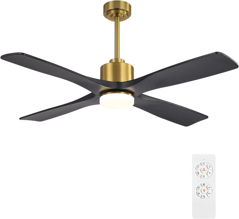 54 in. DC Ceiling Fan with Lights and Remote Control, Wood Modern Reversible Quiet Ceiling Fans, Brass Ceiling Fan with Black Blades-1-ErisView