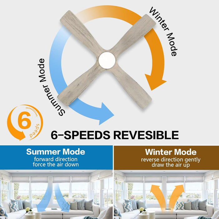 54 in. Flush Mount Ceiling Fans without Lights, 4 Reversible Carved Wood Blade Ceiling Fans, Quiet Hugger Ceiling Fan NO Light-10-ErisView