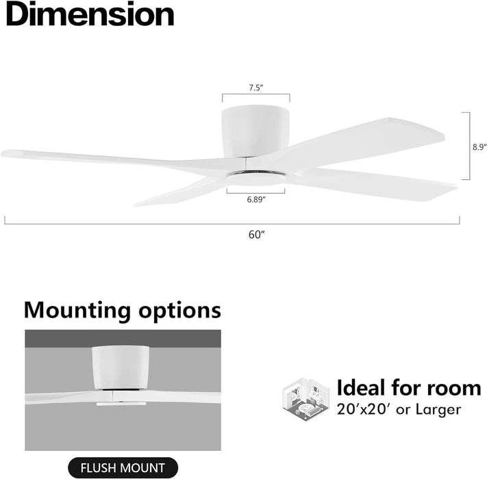 54 in. Flush Mount Ceiling Fans without Lights, 4 Reversible Carved Wood Blade Ceiling Fans, Quiet Hugger Ceiling Fan NO Light-19-ErisView