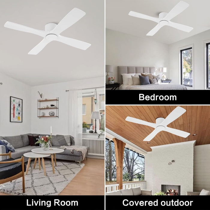 54 in. Flush Mount Ceiling Fans without Lights, 4 Reversible Carved Wood Blade Ceiling Fans, Quiet Hugger Ceiling Fan NO Light-22-ErisView