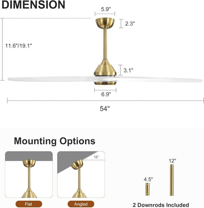 54 in. Modern Ceiling Fan with Light and Remote, Quiet Reversible DC Ceiling Fan with Downrods for Bedroom Living Room Dining Room -14-ErisView