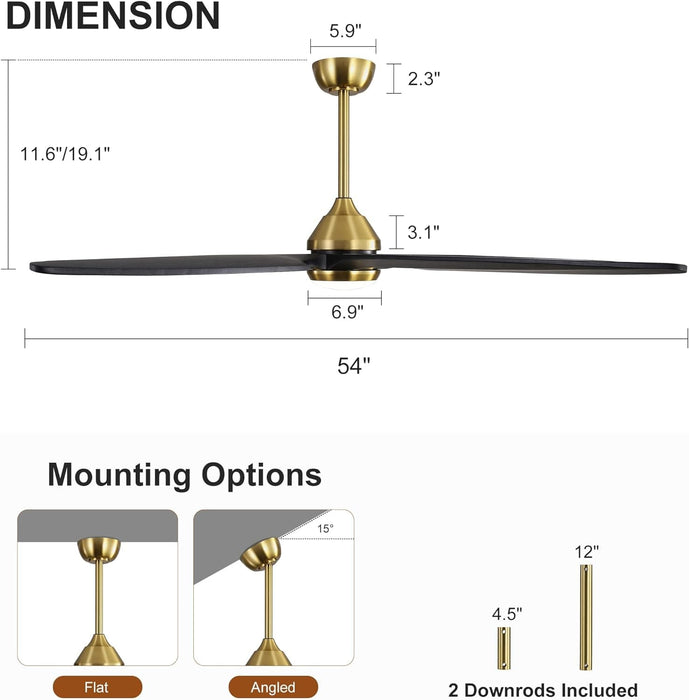 54 in. Modern Ceiling Fan with Light and Remote, Quiet Reversible DC Ceiling Fan with Downrods for Bedroom Living Room Dining Room -23-ErisView