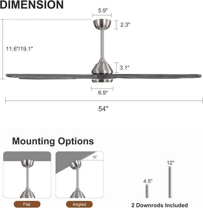 54 in. Modern Ceiling Fan with Light and Remote, Quiet Reversible DC Ceiling Fan with Downrods for Bedroom Living Room Dining Room -32-ErisView