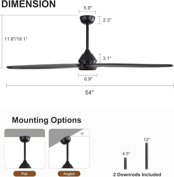 54 in. Modern Ceiling Fan with Light and Remote, Quiet Reversible DC Ceiling Fan with Downrods for Bedroom Living Room Dining Room -5-ErisView
