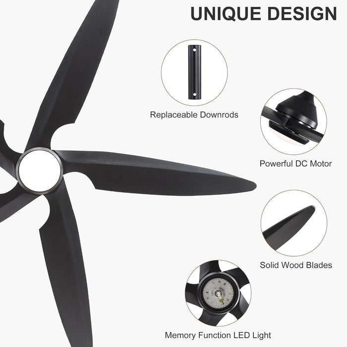 54 in. Modern Ceiling Fan with Light and Remote, Quiet Reversible DC Ceiling Fan with Downrods for Bedroom Living Room Dining Room -6-ErisView