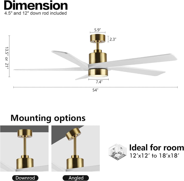 54 in. Modern DC Ceiling Fan with Lights and Remote, 5 Wood Reversible Blade Quietest Fan For Sleeping, Black Brass Ceiling Fan-12-ErisView