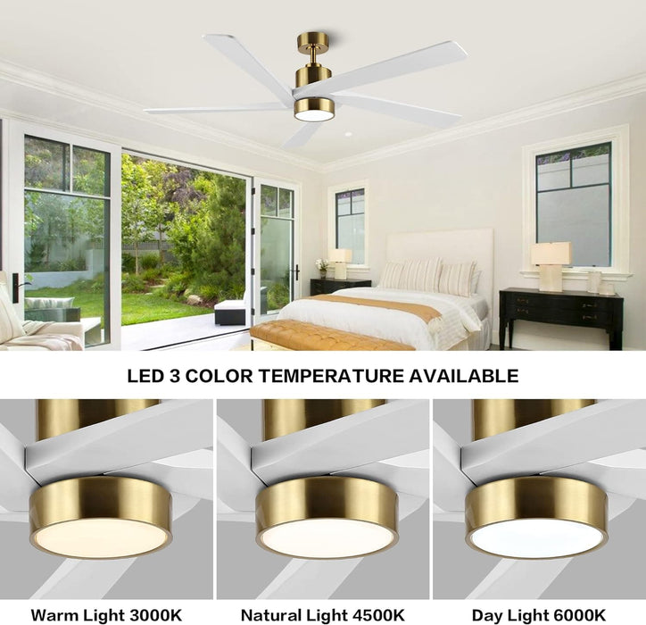 54 in. Modern DC Ceiling Fan with Lights and Remote, 5 Wood Reversible Blade Quietest Fan For Sleeping, Black Brass Ceiling Fan-15-ErisView