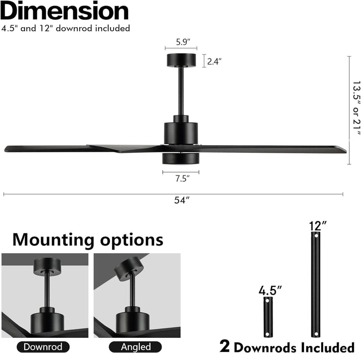 54 in. Modern DC Ceiling Fan with Lights and Remote, 5 Wood Reversible Blade Quietest Fan For Sleeping, Black Brass Ceiling Fan-22-ErisView