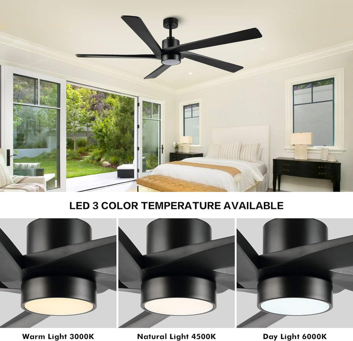 54 in. Modern DC Ceiling Fan with Lights and Remote, 5 Wood Reversible Blade Quietest Fan For Sleeping, Black Brass Ceiling Fan-23-ErisView