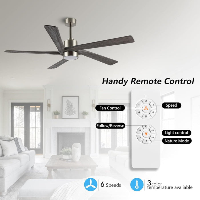 54 in. Modern DC Ceiling Fan with Lights and Remote, 5 Wood Reversible Blade Quietest Fan For Sleeping, Black Brass Ceiling Fan-29-ErisView