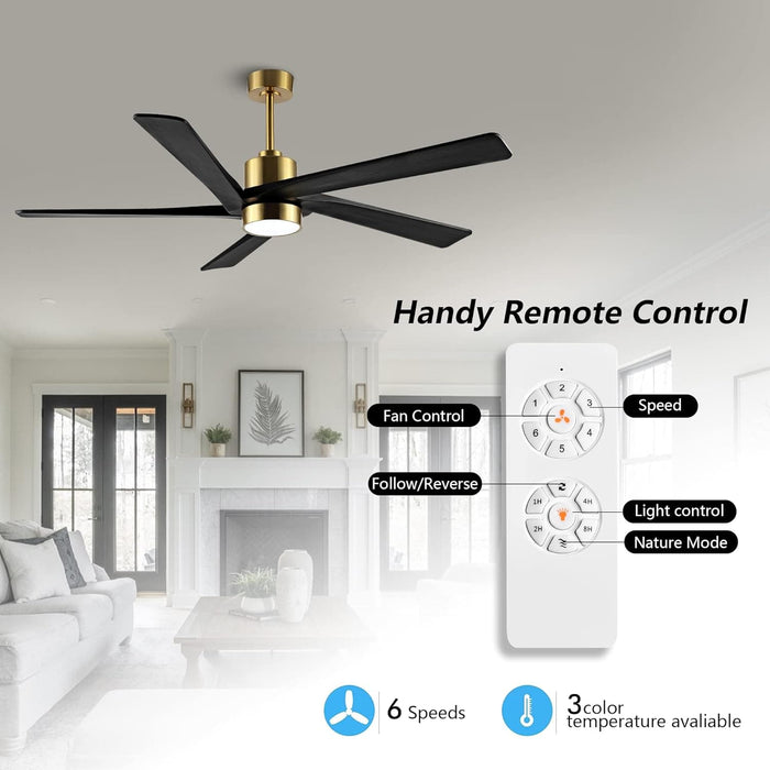 54 in. Modern DC Ceiling Fan with Lights and Remote, 5 Wood Reversible Blade Quietest Fan For Sleeping, Black Brass Ceiling Fan-2-ErisView