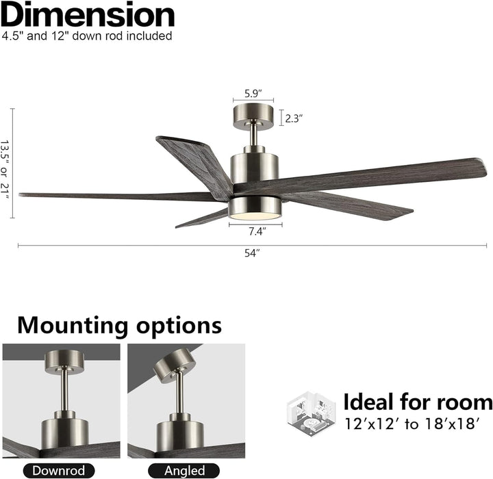 54 in. Modern DC Ceiling Fan with Lights and Remote, 5 Wood Reversible Blade Quietest Fan For Sleeping, Black Brass Ceiling Fan-30-ErisView