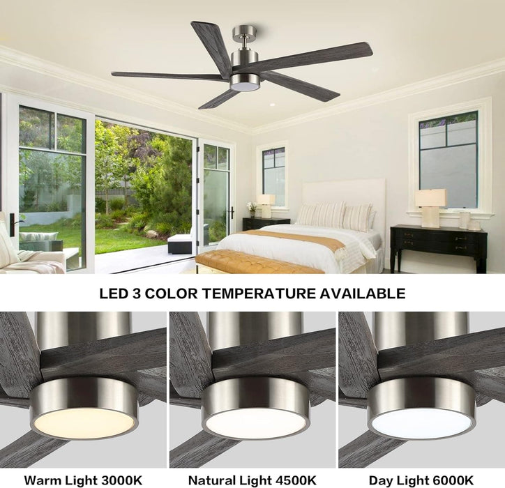 54 in. Modern DC Ceiling Fan with Lights and Remote, 5 Wood Reversible Blade Quietest Fan For Sleeping, Black Brass Ceiling Fan-33-ErisView