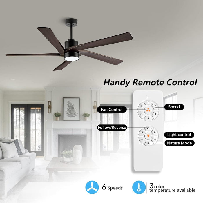 54 in. Modern DC Ceiling Fan with Lights and Remote, 5 Wood Reversible Blade Quietest Fan For Sleeping, Black Brass Ceiling Fan-38-ErisView