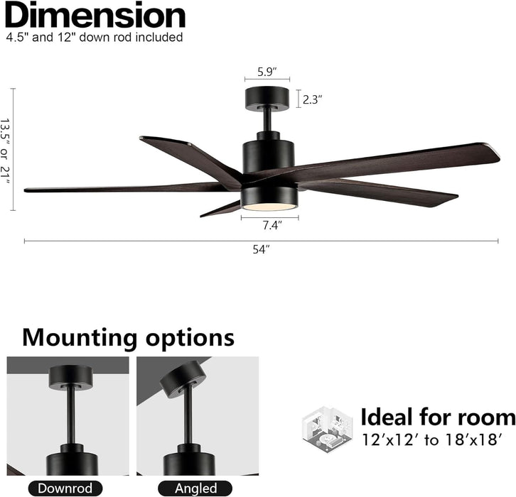 54 in. Modern DC Ceiling Fan with Lights and Remote, 5 Wood Reversible Blade Quietest Fan For Sleeping, Black Brass Ceiling Fan-39-ErisView
