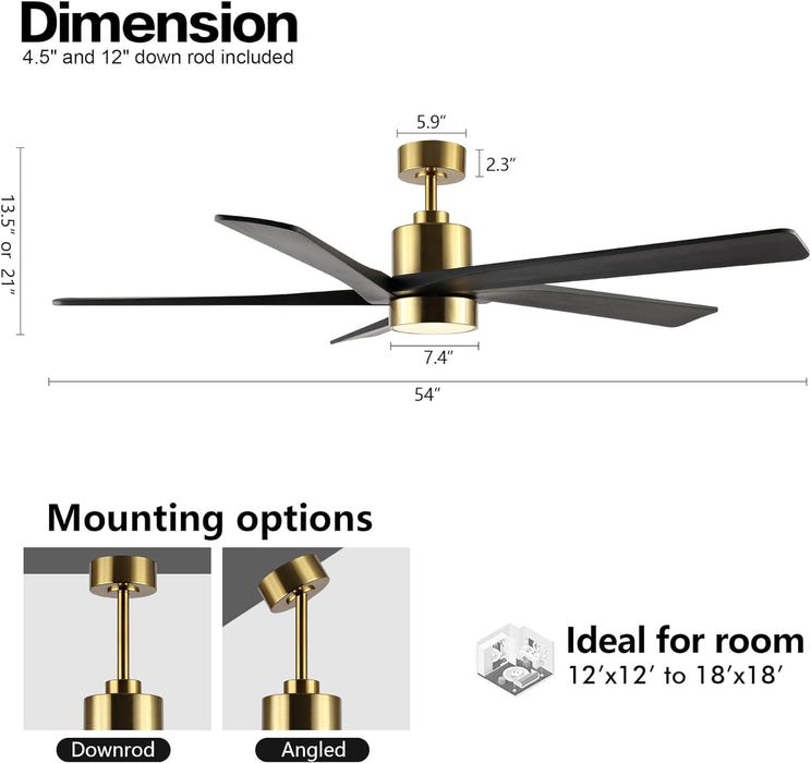 54 in. Modern DC Ceiling Fan with Lights and Remote, 5 Wood Reversible Blade Quietest Fan For Sleeping, Black Brass Ceiling Fan-3-ErisView