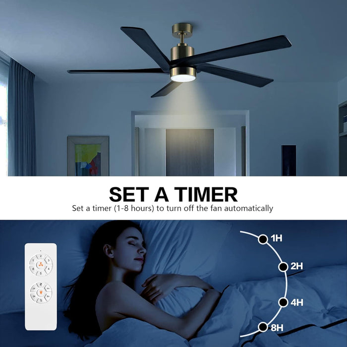 54 in. Modern DC Ceiling Fan with Lights and Remote, 5 Wood Reversible Blade Quietest Fan For Sleeping, Black Brass Ceiling Fan-7-ErisView
