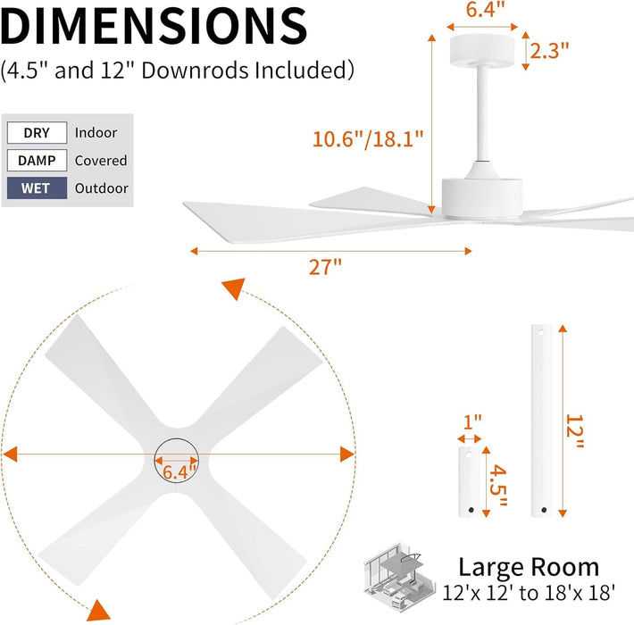 54 in. Wet Rated Ceiling Fans without Lights, Reversible Ceiling Fan with Remote Control, Waterproof Outdoor Fans for Porch Patio Gazebo, Gazebo Fan-12-ErisView