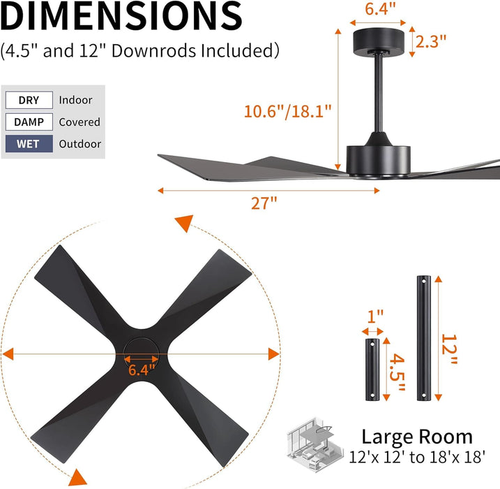54 in. Wet Rated Ceiling Fans without Lights, Reversible Ceiling Fan with Remote Control, Waterproof Outdoor Fans for Porch Patio Gazebo, Gazebo Fan-4-ErisView
