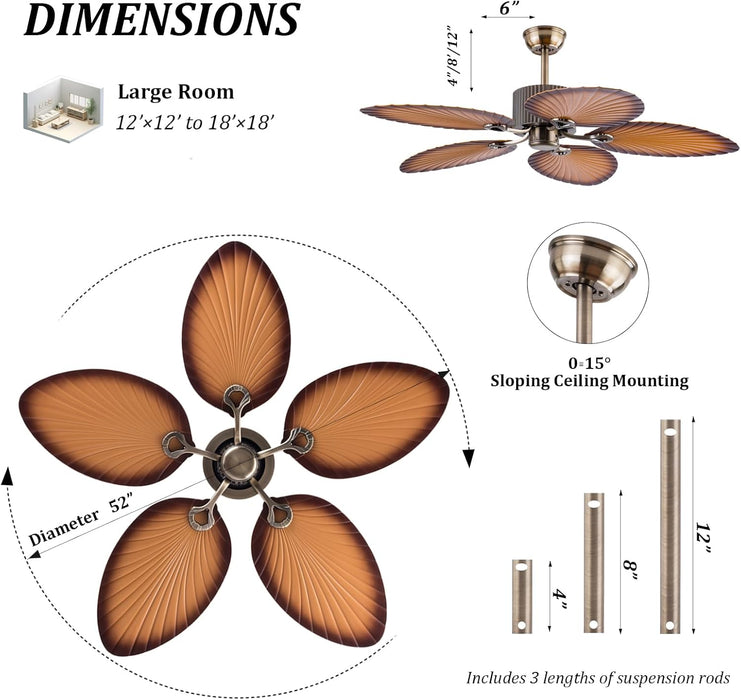 52 in. Indoor Outdoor Ceiling Fan Without Lights, Tropical Coffee Finish Palm Leaf Blades Remote Control, Reversible Quiet Motor, for Patio, Porch, Living Room Low Profile Ceiling Fan