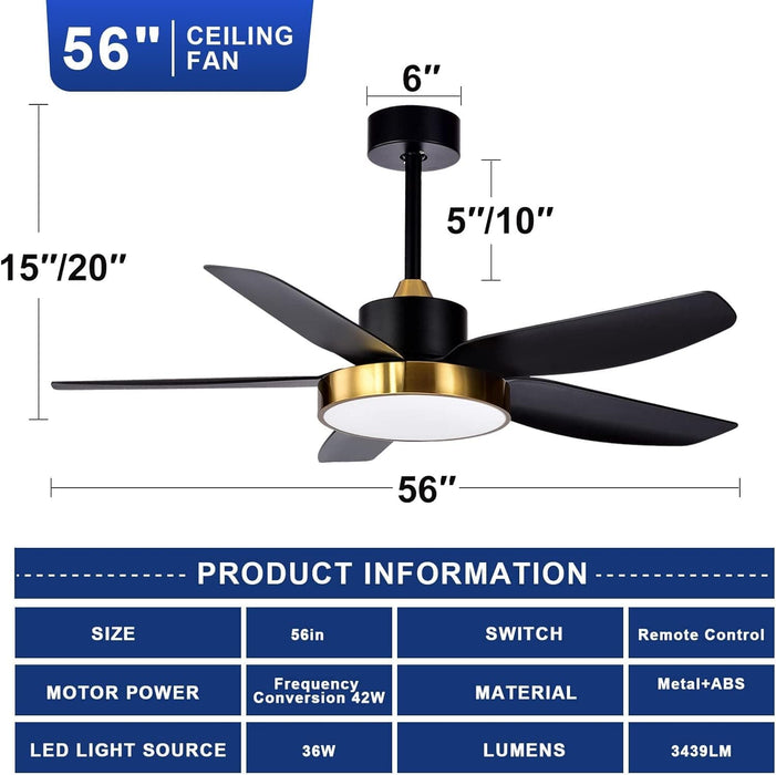 56 in. Black Ceiling Fan with Light and Remote Control, Indoor Ceiling Fan in Winter Summer for Living Room Bedroom, Outdoor Patio Ceiling Fan-6-ErisView