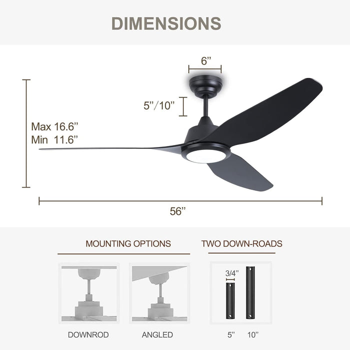 56 in. Smart Indoor Outdoor Reversible Quiet Ceiling Fan with Light and Remote, 3 Blade Modern White Ceiling Fan for Bedroom Living Room Patio-14-ErisView