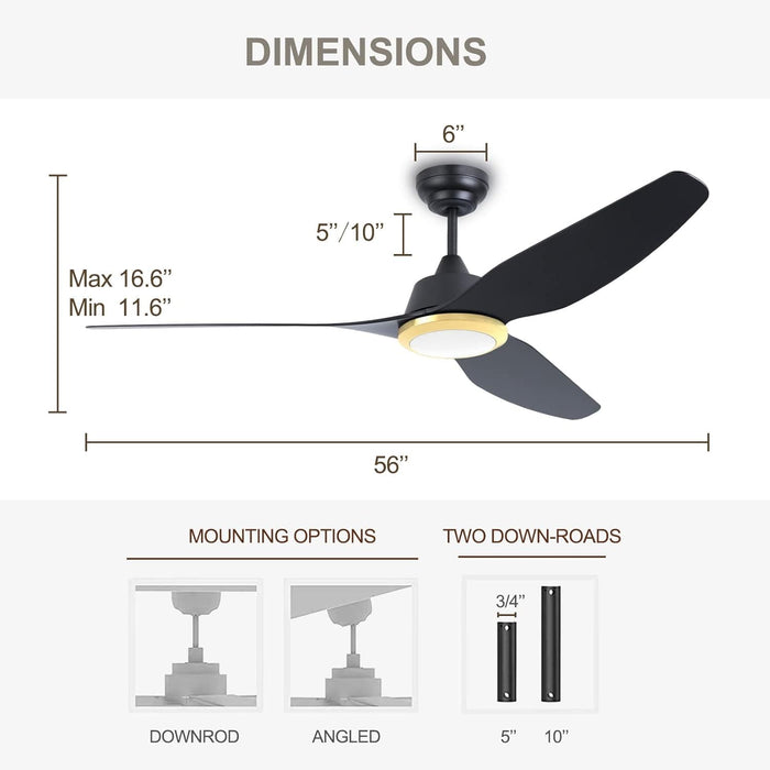 56 in. Smart Indoor Outdoor Reversible Quiet Ceiling Fan with Light and Remote, 3 Blade Modern White Ceiling Fan for Bedroom Living Room Patio-20-ErisView