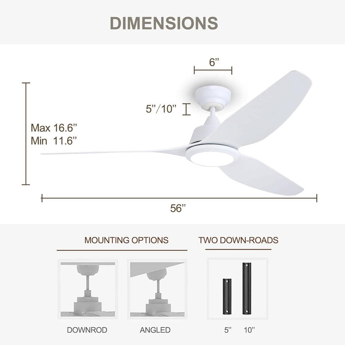 56 in. Smart Indoor Outdoor Reversible Quiet Ceiling Fan with Light and Remote, 3 Blade Modern White Ceiling Fan for Bedroom Living Room Patio-6-ErisView