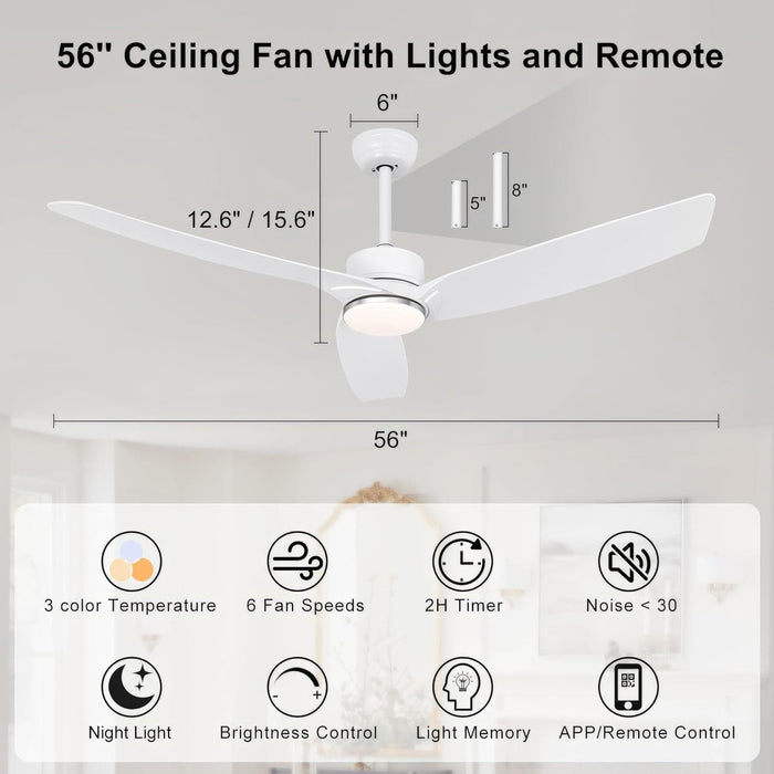 56 in. White Modern Ceiling Fan with Remote Control and APP Control, Reversible Ceiling Fans for Patio Living Room-2-ErisView