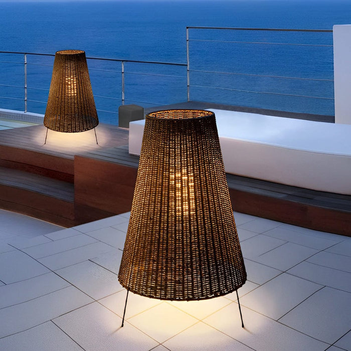 37'' Rustic Tripod Hand Woven Rattan Floor Lamp Outdoor Waterproof Three-leg Standing Lamp